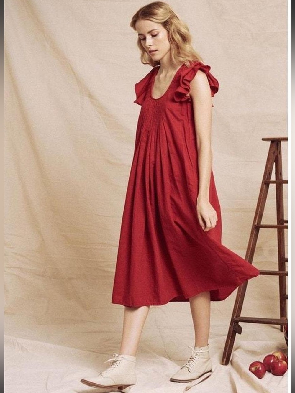 THE GREAT. The Flutter Tulip Dress in Poppy Red Size XS Flowy Linen Cotton